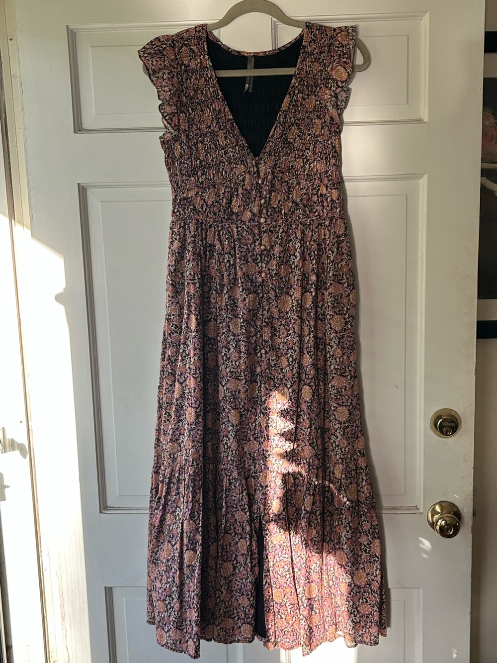 Anthropologie Pink Floral Smocked V-Neck Maxi Dress